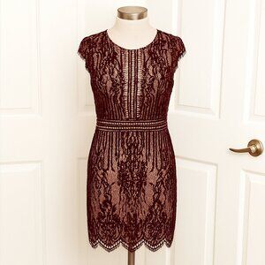 FOREVER 21 Burgundy Lace Crochet Illusion Sheath Dress SMALL